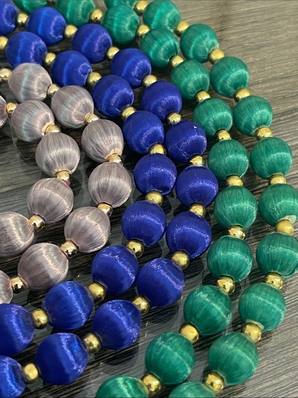 Vintage 3 Necklaces with Spun Silk Satin Beads Gold Tone Spacers 30 In. Approx